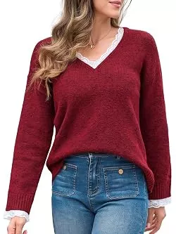 Saodimallsu Pullover & Strickmode Saodimallsu Damen V-Ausschnitt Pullover Spitzen Strickpullover