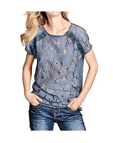 Heine Best Connections Kurzarmblusen Heine Best Connections Spitzenbluse rauchblau Gr