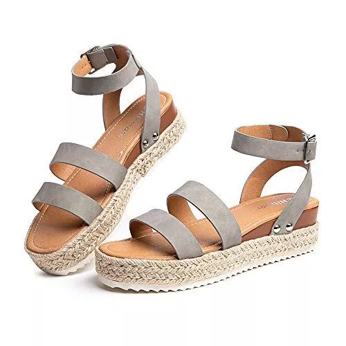 Hitmars Sandalen & Slides Plateau Sandalen Damen Espadrilles Casual Keilsandalen Frauen Sommer Faux Leder mit Knöchelriemen 5 CM Schwarz Braun Khaki Leopard Größe