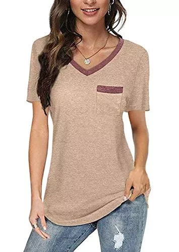 Jiraewh T-Shirts Jiraewh Damen Sommer Kurzarm Einfarbig T-Shirt mit Brusttasche Farbblock V-Ausschnitte Casual Blusen Loose Tops Tuniken Sommershirt