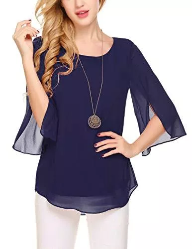 Beyove Kurzarmblusen Beyove Damen 3/4 Ärmel Elegant Chiffonbluse Langarmshirt Tunika Hemd Festlich Rundhalsausschnitt Oberteile Tops
