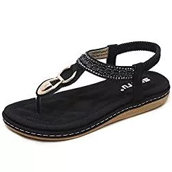 Woky Sandalen & Slides Woky Damen Sommer Sandalen mit Strass Perlen Bohemia Strand Schuhe Freizeit Flach Sandalette Größe 34-44