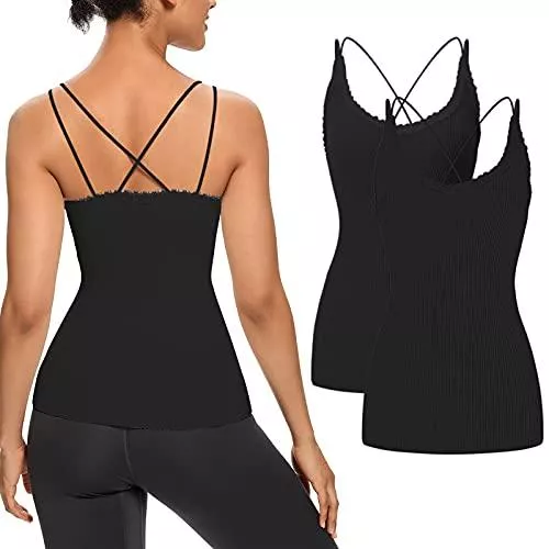 Avancel Tops Avancel Damen Camisole Ultra Soft V Ausschnitt Spitze Top mit Spaghettiträger Criss Cross Back 2er Pack