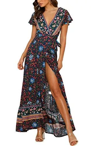 ECOWISH Freizeit ECOWISH Damen Kleider Boho Sommerkleid V-Ausschnitt Maxikleid Kurzarm Strandkleid Lang mit Schlitz