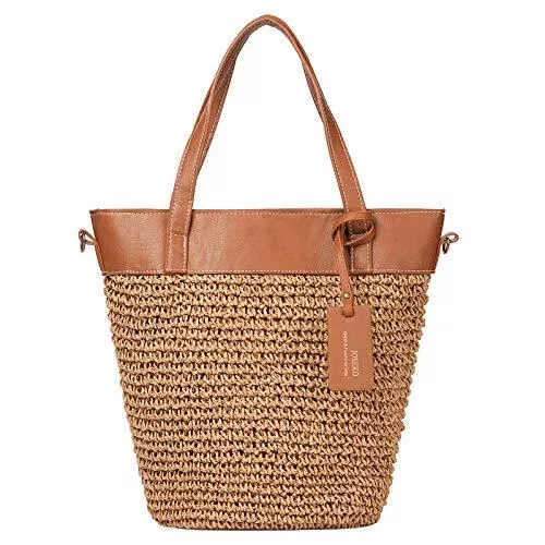 JOSEKO Taschen & Rucksäcke JOSEKO Stroh Strand Tasche, Schultertasche Damen Sommer Handtasche Frauen Weben Eimer Tasche Korbtasche Basttasche Outdoor Casual Crossbody Tasche für Reise Schule Arbeit Einkaufen