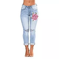 LONGWEI Jeans LONGWEI Damen Jeans Slim Fit Stretch Bestickte Blumen Frauen Floral Bedruckte hohe Taille Denim-Hosen