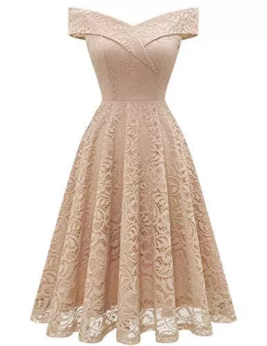 Homrain Freizeit HomRain Damen Elegant Hochzeit Spitzenkleid Schulterfrei Rockabilly Kleid Cocktail Abendkleider Vokuhila Schwingen Brautjungfernkleider