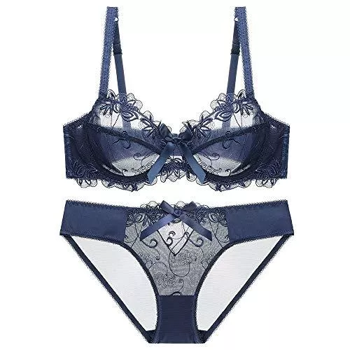 WHSS Unterwäsche & Dessous WHSS Dessous-Sets Damen Unterwäsche-Set BH und Höschen Set Sexy Spitze Stickerei Ultradünn Transparent Transparent Transparent Dessous Atmungsaktiv für große Brüste (Farbe: Blau, Größe: 75B=32B=70B)