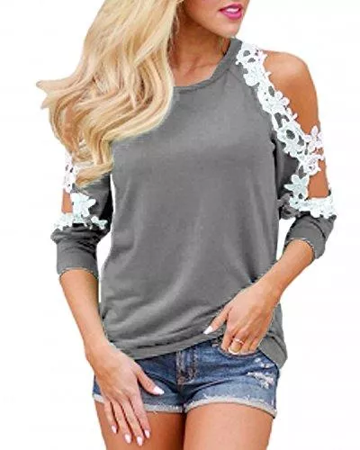 Style Dome Langarmblusen Style Dome Bluse Damen Off Shoulder Langarmshirts Rundhals Elegant Oberteil Shirts Lace Patchwork Tunika