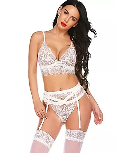 ADOME Unterwäsche & Dessous ADOME Damen Dessous-Set mit Strumpfband, sexy BH und Höschen aus Spitze