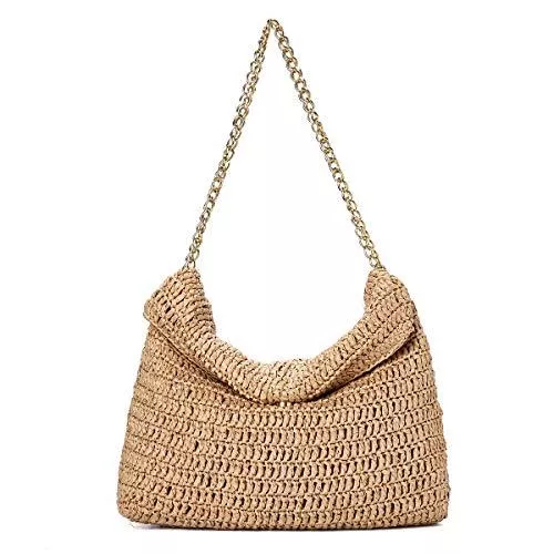 JOSEKO Taschen & Rucksäcke JOSEKO Straw Beach Bag Umhängetasche mit Kette Umhängetaschen Graue Stroh Umhängetaschen(Braun)