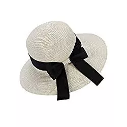 Moxamo Hüte & Mützen Sonnenhut aus Stroh, für Damen, UV-Schutz, faltbar, breite Krempe mit Riemen, mit Schleife - Weiß - Medium