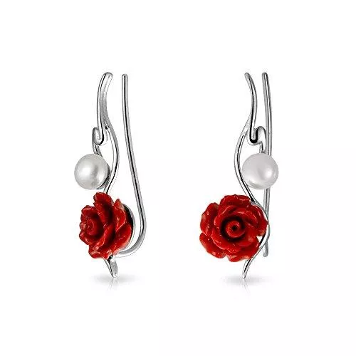Bling Jewelry Schmuck Trendige 3D rosa rote Rose Blume weiß Süßwasser kultiviert Perle Draht Ohr Pin Kletterer Crawler Ohrringe für Frauen 925 Sterling Silber