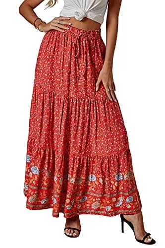 XIANGCHEN Röcke Frauen Boho Blumen Druck Elastische Hohe Taille Gefaltete A Line Lange Maxi Rock