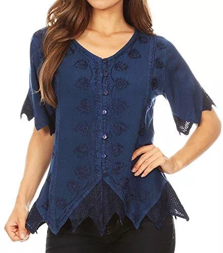 Sakkas Kurzarmblusen Sakkas Emma Damen Stonewashed V-Ausschnitt Kurzarm Bluse Top häkeln Button-Down