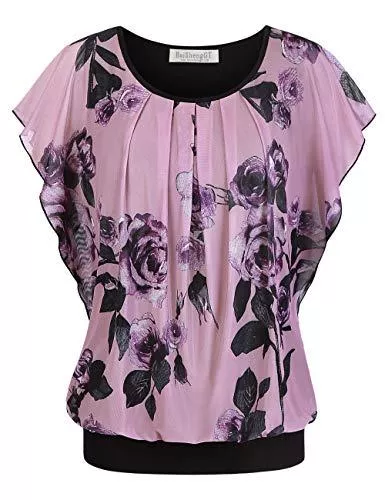 BAISHENGGT Kurzarmblusen BAISHENGGT Damen Falten Kurzarm Tunika Batwing Rundkragen Bluse