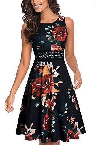 HOMEYEE Cocktail HOMEYEE Damen Vintage Rundhalsausschnitt ärmellosen Blumen Bestickt knielangen Cocktailkleid