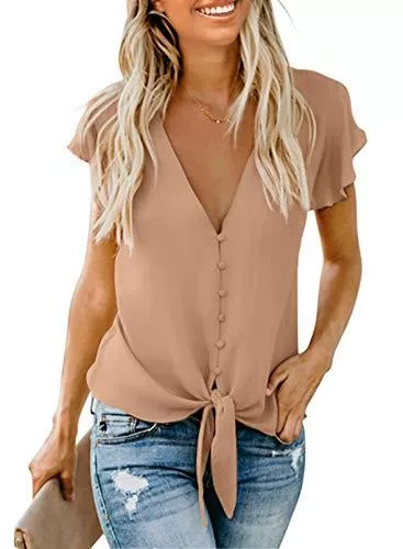 FIYOTE Kurzarmblusen FIYOTE Bluse Damen Hemd Lose Langarmshirt Knopf Top Tunika Oberteile Hemd Lose S/M/L/XL/XXL