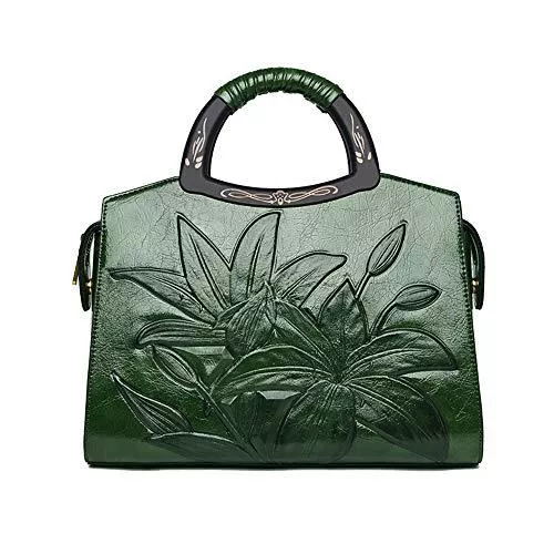 Coolives Taschen & Rucksäcke Coolives Damen Handtasche Klassische Blumenprägung Henkeltasche Holz Henkel Umhängetasche Schultertasche Grün EINWEG