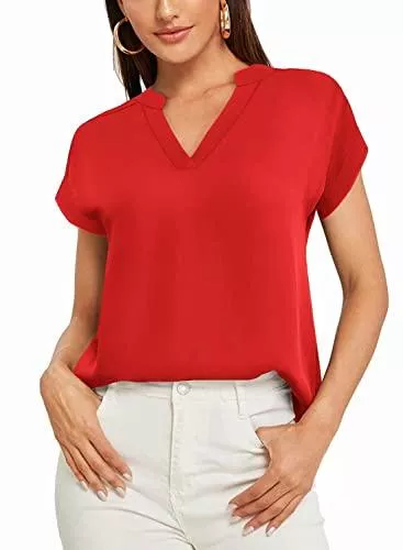 Parabler T-Shirts Parabler Damen T-Shirt Sommer Tops Chiffon Bluse Einfarbig Kurzarm Casual Blusen Tunika V-Ausschnitt