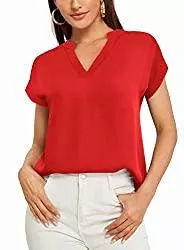Parabler T-Shirts Parabler Damen T-Shirt Sommer Tops Chiffon Bluse Einfarbig Kurzarm Casual Blusen Tunika V-Ausschnitt