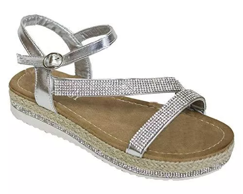 Flirty Wardrobe Hausschuhe Espadrilles für Damen, Keilabsatz, mit Strasssteinen, Knöchelriemen, Sommer-/Urlaubsschuhe