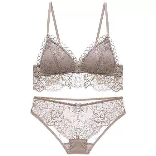 L.J.JZDY Unterwäsche & Dessous L.J.JZDY Unterwäsche-Set, sexy, tief, V-förmig, gerafft, dreieckig, Spitze, bestickt, ohne Stahlring, vier Reihen von zwei Schnallen, Synthetikfaser, beige, 75B=32B=70B