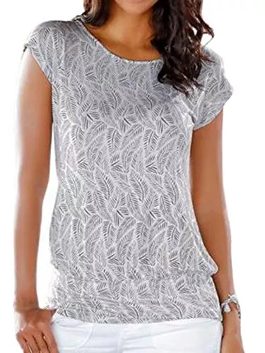ELFIN T-Shirts ELFIN Damen T-Shirt Allover Feder Druck Kurzarm Oberteile Loose Casual Tops Rundhals -Ausschnitt Shirt Basic Tee im Sommer