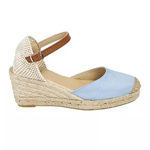 NOESLOMISMO BY DILEMA Sandalen & Slides No es lo mismo - Espadrille - Sandalen aus Jute mit Keilabsatz für Damen | Plateauschuhe 3 Kordeln Espadrille mit Schnalle und geschlossene Schuhspitze | Farbe: Sandfarbe, Grün, Rot, Rosa, Marineblau