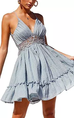 ECOWISH Freizeit ECOWISH V Ausschnitt Kleid Damen Spitzenkleid Träger Rückenfreies Kleider Sommerkleider Strandkleider Weiß