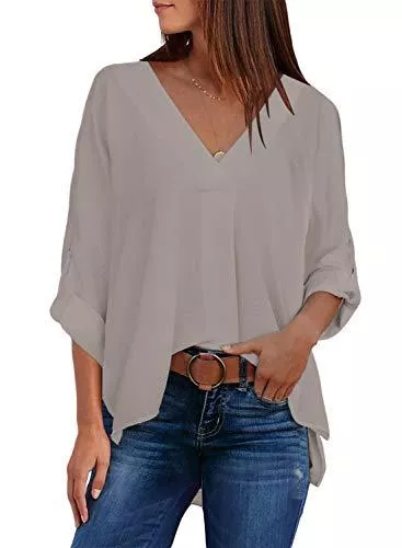 Aleumdr Kurzarmblusen Aleumdr Bluse Damen Elegant Tunika Damen Blusen Langarm Causal einfarbig Oberteile Hemd Lose Langarmshirt mit V-Ausschnitt
