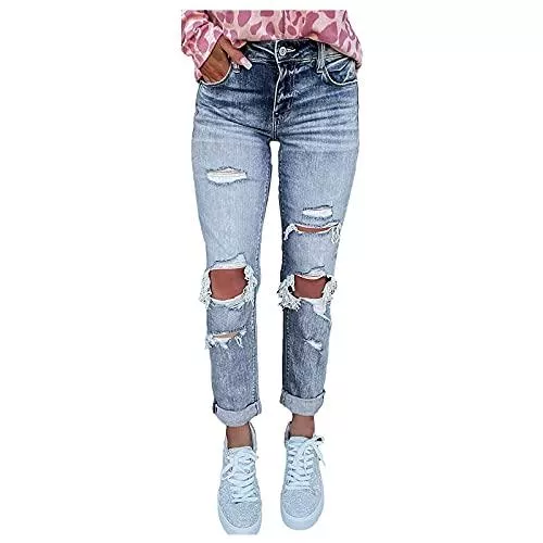 PANGF Jeans PANGF Damen Knopf High Waist Löchern Lang Gerades Jeans,Frauen Skinny Lochjeans Vintage Jeans Hose für Damen, Boyfriend Jeanshose