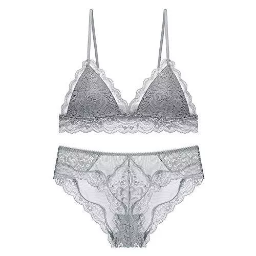 MEN.CLOTHING-LEE Unterwäsche & Dessous MEN.CLOTHING-LEE Drahtfrei Dünne Tasse Büstenhalter Frauen Lingere Rückenverschluss Spitzenbesatz BH und Slip Set 4 Farben Weibliche Dessous Bras-Grey_M