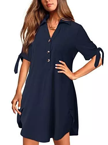 YOINS Freizeit YOINS Kleider Damen Knielang Langarm Elegantes Blusenkleid Herbst Tunikakleid Winterkleid V-Ausschnitt Hemdkleid mit Gürtel