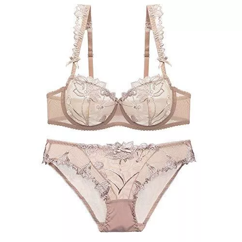WHSS Unterwäsche & Dessous WHSS Dessous-Sets Damen Unterwäsche Set Sexy Spitze Dünn Up Perspektive Durchsichtig Dessous bestickt Transparent BH und Höschen Set für große Brüste (Farbe: Braun, Größe: 75B=32B=70B)