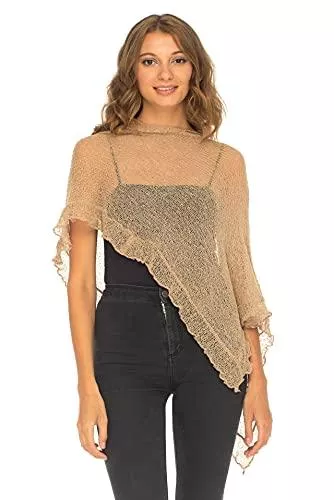 SHU-SHI Pullover & Strickmode SHU-SHI - Damen Poncho-Top mit Rüschen - transparent - leichtes Strickmaterial