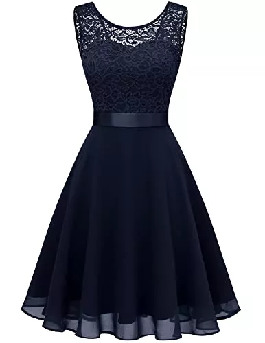 BeryLove Cocktail BeryLove Damen Spitzenkleid Brautjungfer Elegant Party Knielang Cocktailkleid Chiffon Ärmellos