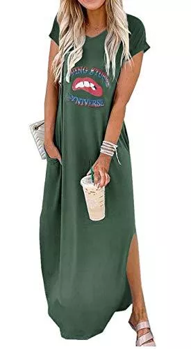 ZIYYOOHY Freizeit ZIYYOOHY Damen Maxi Kleid Mit Tasche Casual Sommerkleid Kurzarm V Ausschnitt Strandkleid