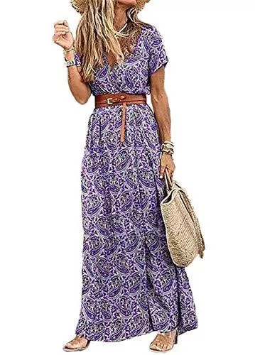 Moceal Freizeit Moceal Damen Kleider Boho Sommerkleid V-Ausschnitt Maxikleid Kurzarm Strandkleid Lang A-Linie Kleid