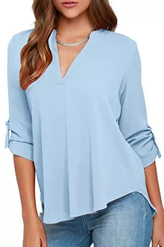 YMING Langarmblusen YMING Damen Chiffon Blusen V-Ausschinitt Shirt Halber Ärmel Tops