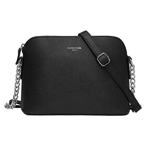 David Jones Taschen & Rucksäcke David Jones - Damen Kleine Umhängetasche - Saffiano Leder Feste Schultertasche - Kette Schulterriemen Abendtasche - Reißverschluss Handtasche - City Clutch Party Zip Crossbody Bag Mode Schwarz