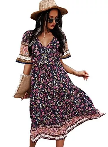 JIraewh Freizeit JIraewh Damen Boho Sommerkleider Blumen Kurzarm Retro Knielang Strandkleider V Ausschnitt Elegant Mit Gürtel Maxikleid