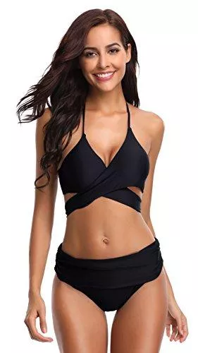 SHEKINI Unterwäsche & Dessous SHEKINI Damen Badeanzug Gepolstert Bikini Set Neckholder Leopard Bikini Oberteil High Waist Wickel Bikinihose Tiefer V Ausschnitt Sportlich Zweiteiliger Strandbikini