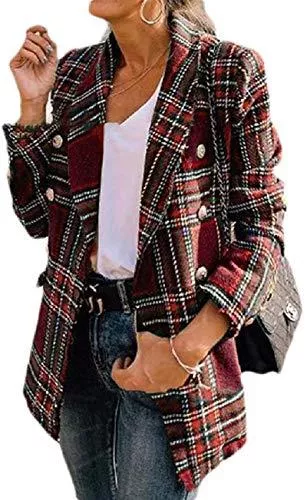 AMMA Blazer AMMA Women Winter Lapel Plaid Long Sleeve Office Work Double-Breasted Blazer Jacket Coat,5,X-Large