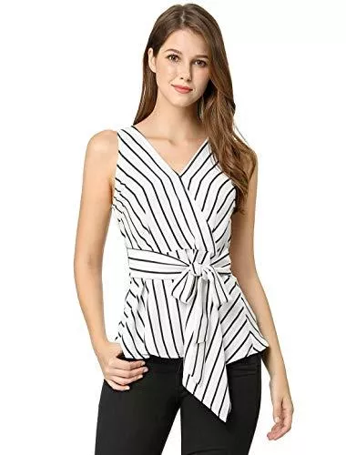 Allegra K Ärmellose Blusen Allegra K Damen Ärmellos Asymmetrisch V Neck Wrap Streifen Top Bluse