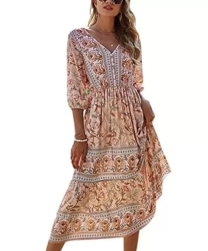 ACLOIN Freizeit ACLOIN Maxikleider Damen Blumen Kleider Boho Sommerkleid Lang Sommerrock Strandkleid V-Ausschnitt Kleid