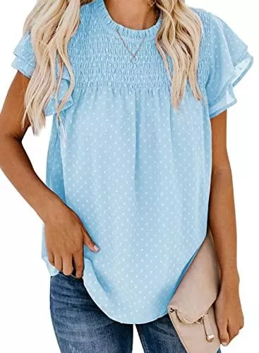 Jolicloth Kurzarmblusen Jolicloth Sommer Bluse Damen O-Ausschnitt Swiss Dot Shirt Solide Kurzarm Tops Lässige T-Shirt Oberteile für Damen Frauen