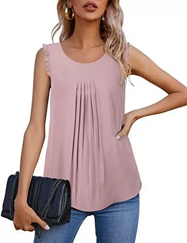 VAFOLY Ärmellose Blusen VAFOLY Damen Chiffon Ärmellos Top Sommer Elegant Weste Top Plissiert Rüschenbesatz Oberteile