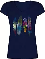 Shirtracer T-Shirts Shirtracer - Kunst &amp; Kreativität - Federn Wasserfarbe Watercolor Feathers - Damen T-Shirt mit V-Ausschnitt