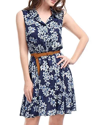 Allegra K Freizeit Allegra K Damen Ärmellos A Linie Gürtel Muster Shirtkleid Kleid